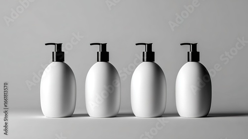 Four White Oval Bottles with Black Pump Caps Arranged on Light Grey Background