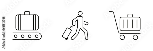 Luggage And Travel Icon Set. Baggage Handling, Passenger Movement, And Airport Cart Outline Symbol Collection. Travel And Transportation. Editable Stroke. Isolated Vector Illustration