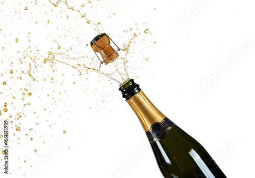 Celebration uncorked champagne bottle explosion studio setting high-speed bright isolated PNG