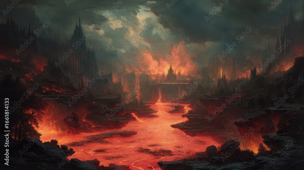 Fototapeta premium Dramatic Infernal Realm with Rivers of Fire and Brimstone
