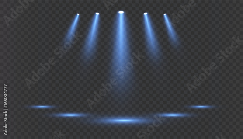 Blue stage spotlights with bright glowing beams and illuminated floor reflection on transparent background, realistic concert or theater lighting effect.