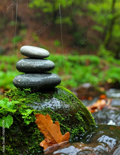 Stacked stones in a mossy forest stream