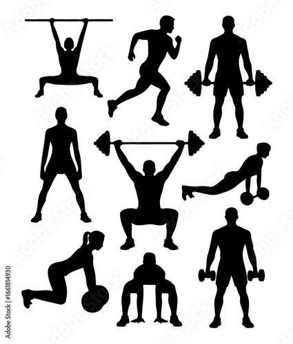 Collection of Silhouettes Depicting Various Athletic Exercises and Fitness Activities.