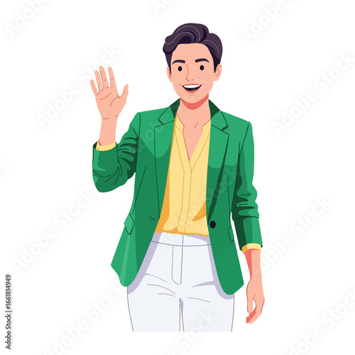 Friendly Gesture: A cheerful individual waves hello, exuding warmth in a friendly, approachable manner.