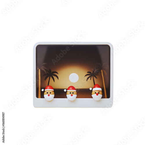 Three egg Santas decorate a tropical Christmas within a white frame on transparent background