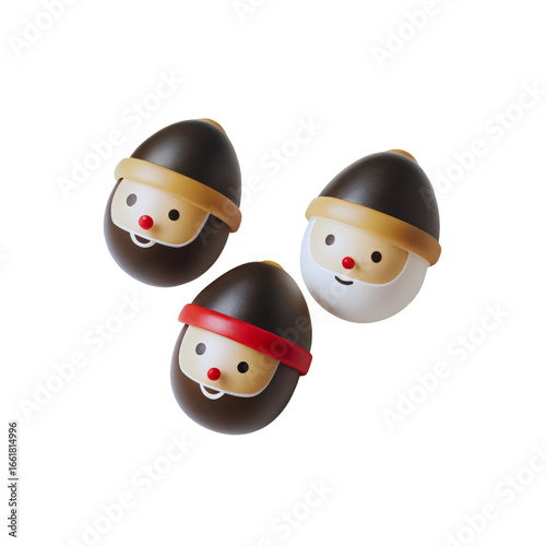 Three egg shaped figures with headbands, dark hair, and red noses on transparent background