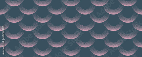 Vector graphical abstract wide panoramic background with halftone scallop wave pattern in soft pink and blue colour. Grainy texture creates vibrant, eye-catching effect for dynamic, playful projects