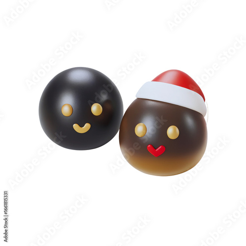 Two cute 3D sphere characters smiling, one wearing a Santa hat on transparent background