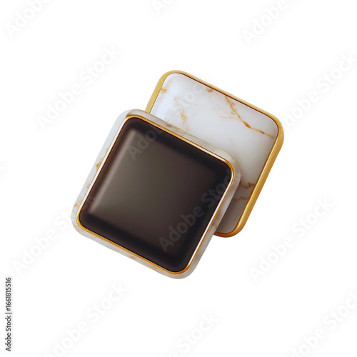 Two square boxes featuring golden trim with one in dark color on transparent background