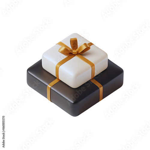 Two stacked wrapped gift boxes with gold ribbons sitting pretty on transparent background