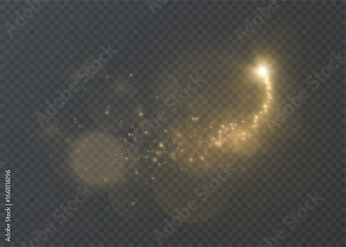 Golden magic comet with many sparkling dust particles and shimmering light effects. Vector light effect for dark background.