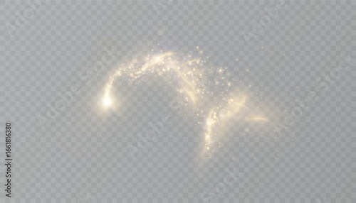 Glowing golden dust swirl with luminous particles and magical curved trail on transparent background. Suitable for fantasy effects, fairy visuals, abstract energy flows, and enchanted light design.