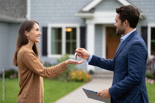 Woman receiving keys from real estate agent in front of a house with green lawn outside
