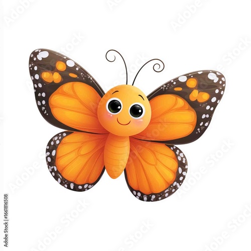 Happy Butterfly: A cheerful cartoon butterfly with vibrant orange and black wings, embodying the whimsy and charm of nature's most colorful fliers, ready to bring joy and delight.
