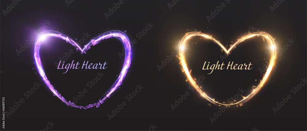 Glowing neon heart with bright colorful light trails and sparkling particles, creating a broken and fragmented luminous effect on dark background.