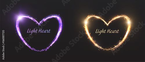 Glowing neon heart with bright colorful light trails and sparkling particles, creating a broken and fragmented luminous effect on dark background.