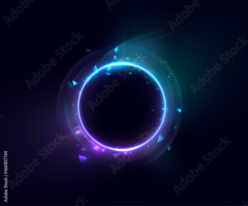 Glowing neon circle with sparkling blue and purple fragments floating on a dark background. Suitable for fantasy art, magic portals, enchanted light effects, mystical energy effects.
