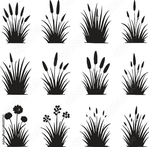 Collection of black grass silhouettes with flowers and reeds plants