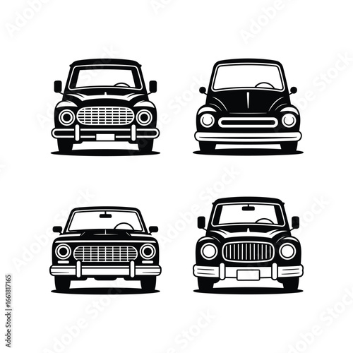 Four vintage black cars front view isolated on white background