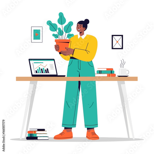 Workspace Harmony: A woman maintains a home office amidst an environment focused on work-life balance, where nature intertwines with the work.