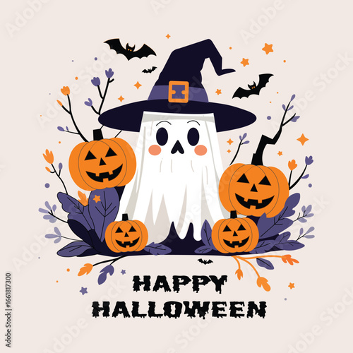 Happy Halloween card with pumpkins vector
