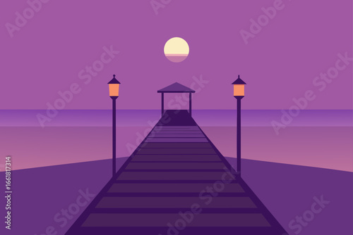 Serene lonely pier illuminated by pale lavender twilight and warm lantern glow