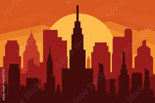 Vibrant sunset over a city skyline vector illustration of towering spires