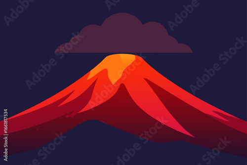 Volcano peak glowing fiery red erupting amidst stormy dusk landscape vector illustration