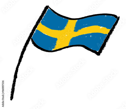 Hand-drawn simplistic, Swedish waving flag on transparent png background. Sweden Flag waving in wind
