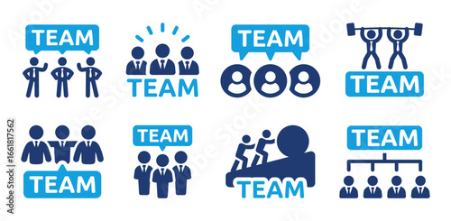 Team icon set, showing teamwork, collaboration, leadership, and cooperation in business. Solid vector icons collection.