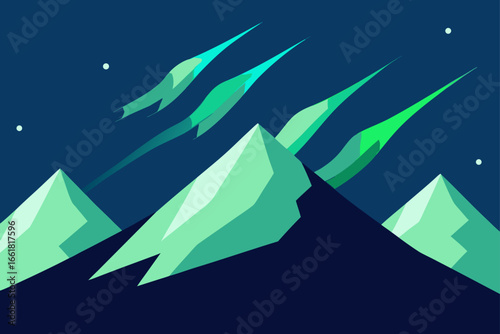 Vector aurora streaks glow over snow capped mountains under starry night sky