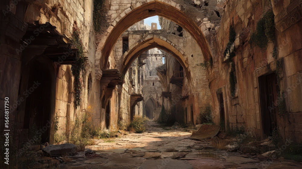Naklejka premium Long Lost City Street with Fallen Arches and Nature's Touch