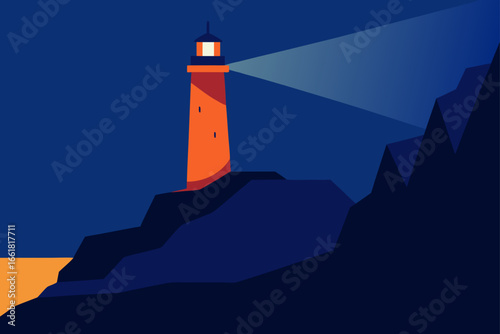 Distant lighthouse glows on rugged coastal cliff at night vector illustration
