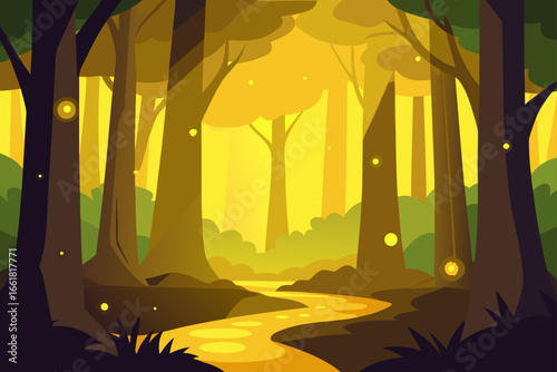 Enchanting forest glade with golden dappled light and winding path magical ambiance