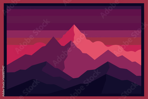 Crimson twilight sky frames misty mountain peaks serene landscape vector illustration