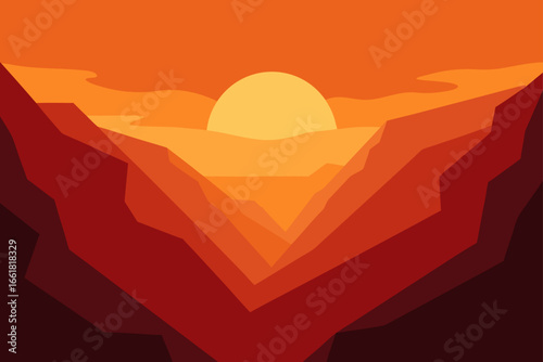 Serene autumn canyon landscape with glowing orange horizon at sunset vector illustration