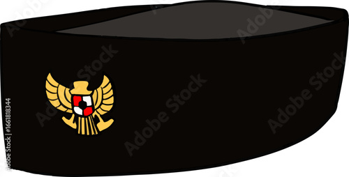 Indonesian National Cap Vector Icon (Peci Garuda) Vector illustration of Indonesian peci cap with Garuda emblem, symbol of national pride and patriotism.