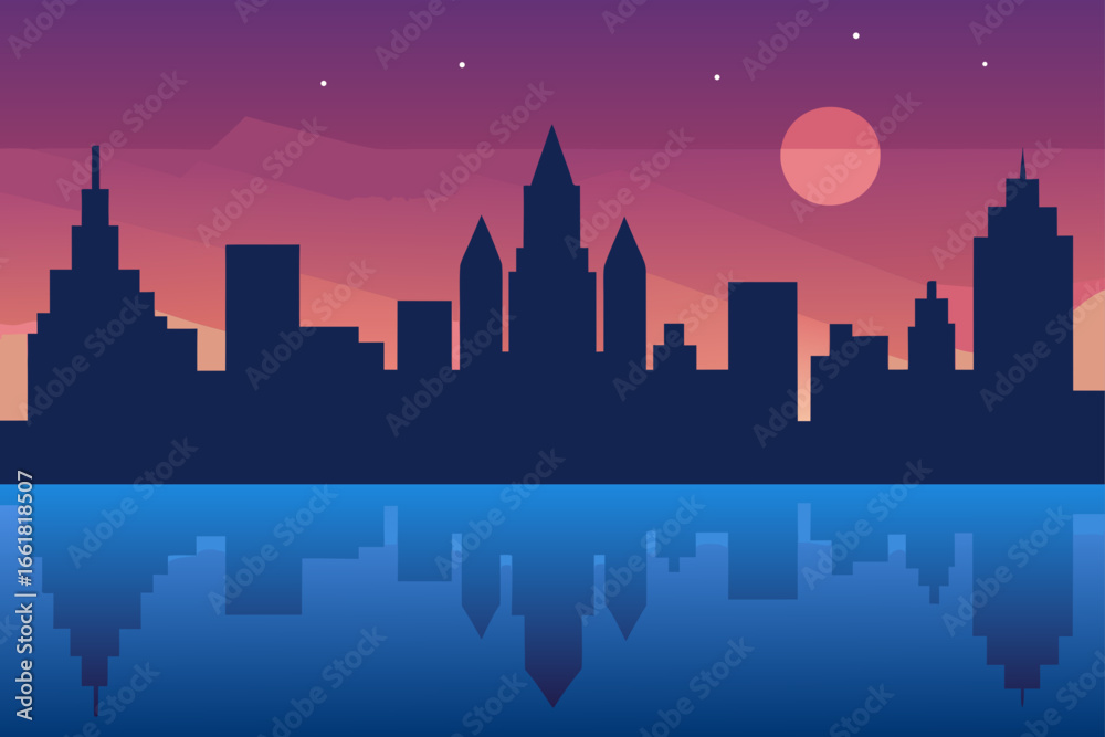 Fototapeta premium Twilight cityscape silhouette reflection calm river serene urban ambiance vector illustration