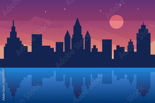Twilight cityscape silhouette reflection calm river serene urban ambiance vector illustration
