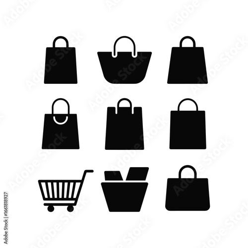 Collection of black shopping bags and cart icons on white background