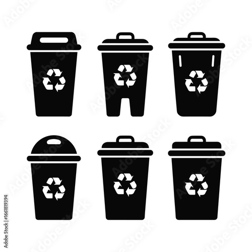 Set of six black silhouette trash cans with recycling symbols