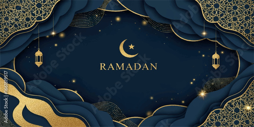 Ramadan greeting background with ornate gold patterns, lanterns, and crescent moon on a dark blue night sky