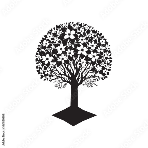 Dogwood Tree Silhouette Isolated on White Background.
