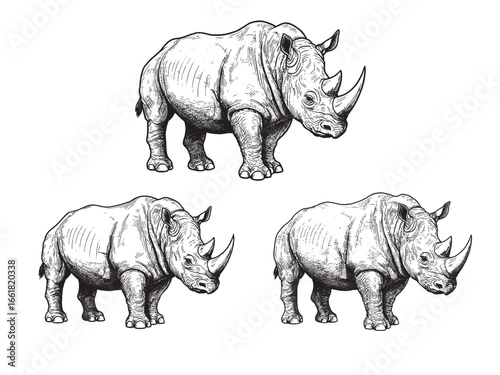 Black and white vintage engraving of rhinoceros with strong posture heavy body and bold texture