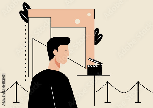 Abstract man against the backdrop of abstract film scenery and clapperboard, elements of the film industry. Movie production concept with film industry tools and creative process.