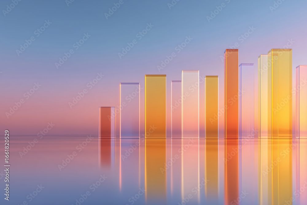 Abstract geometric bars with gradient colors reflecting on water Abstract geometric bars with gradient colors reflecting on water