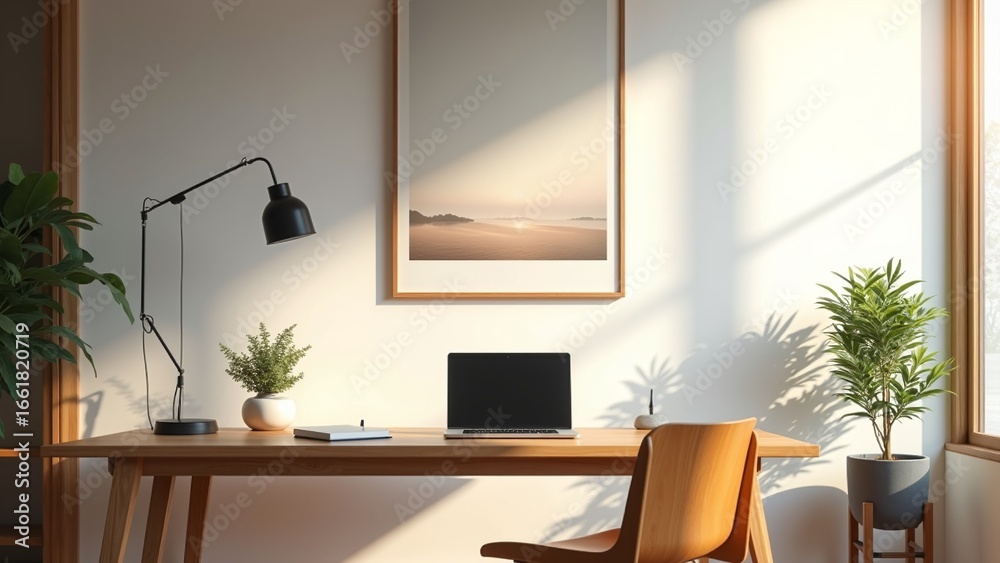 Fototapeta premium Peaceful home office, minimalist design, Japanese aesthetic, organized desk, clean workspace, natural light, productive environment, serene atmosphere, modern simplicity, focused workflow, thoughtful 