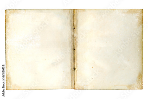 old open book with discolored blank pages and broken binding isolated on white