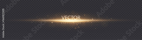 Golden glowing horizontal flare with radiant shine and sparkling luminous particles on transparent background, abstract overlay light effect.