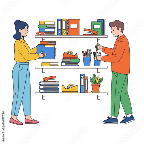 Organizing Office Supplies: Illustration of two people organizing office supplies on a shelf. It embodies tidiness and efficiency, illustrating meticulous organization within a workspace.